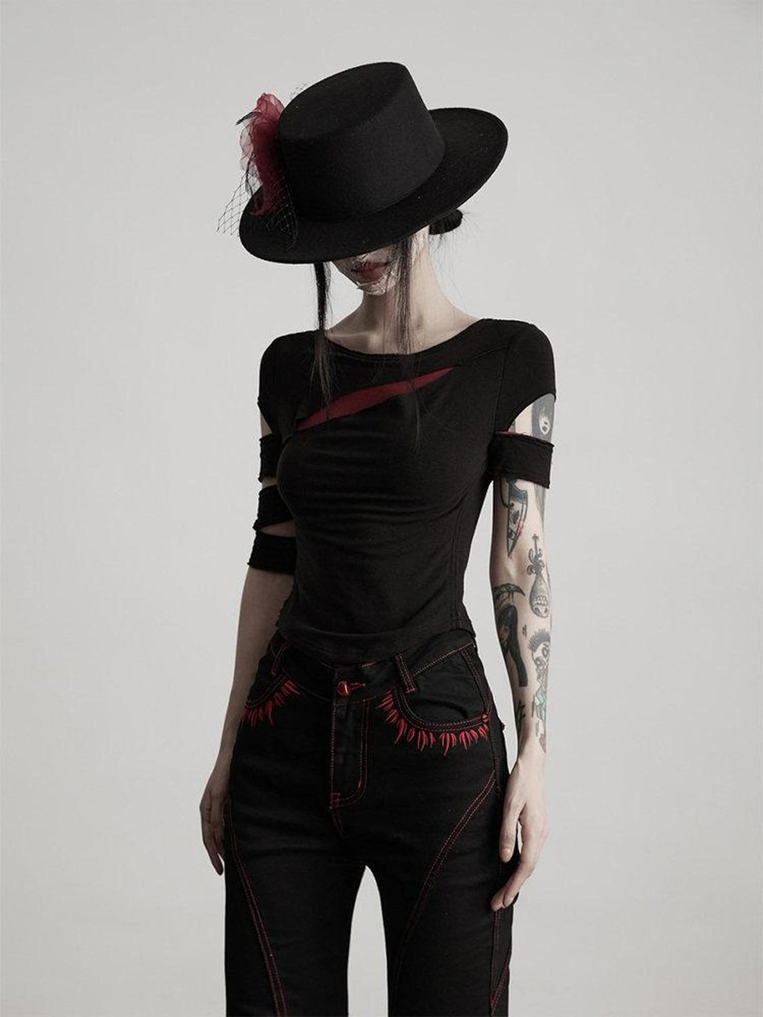 INDULGE Non Iron Asymmetrical Slim Creative Patchwork Black Short Sleeve T-Shirts