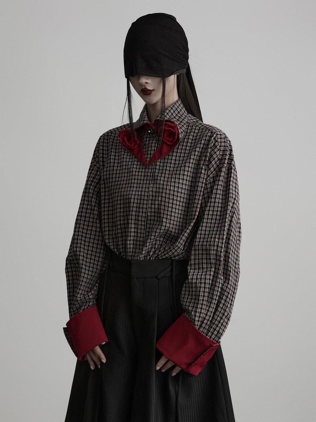 INDULGE Non Iron Cotton Loose Plaid Contrast Collar Casual Women Button Front Blouses