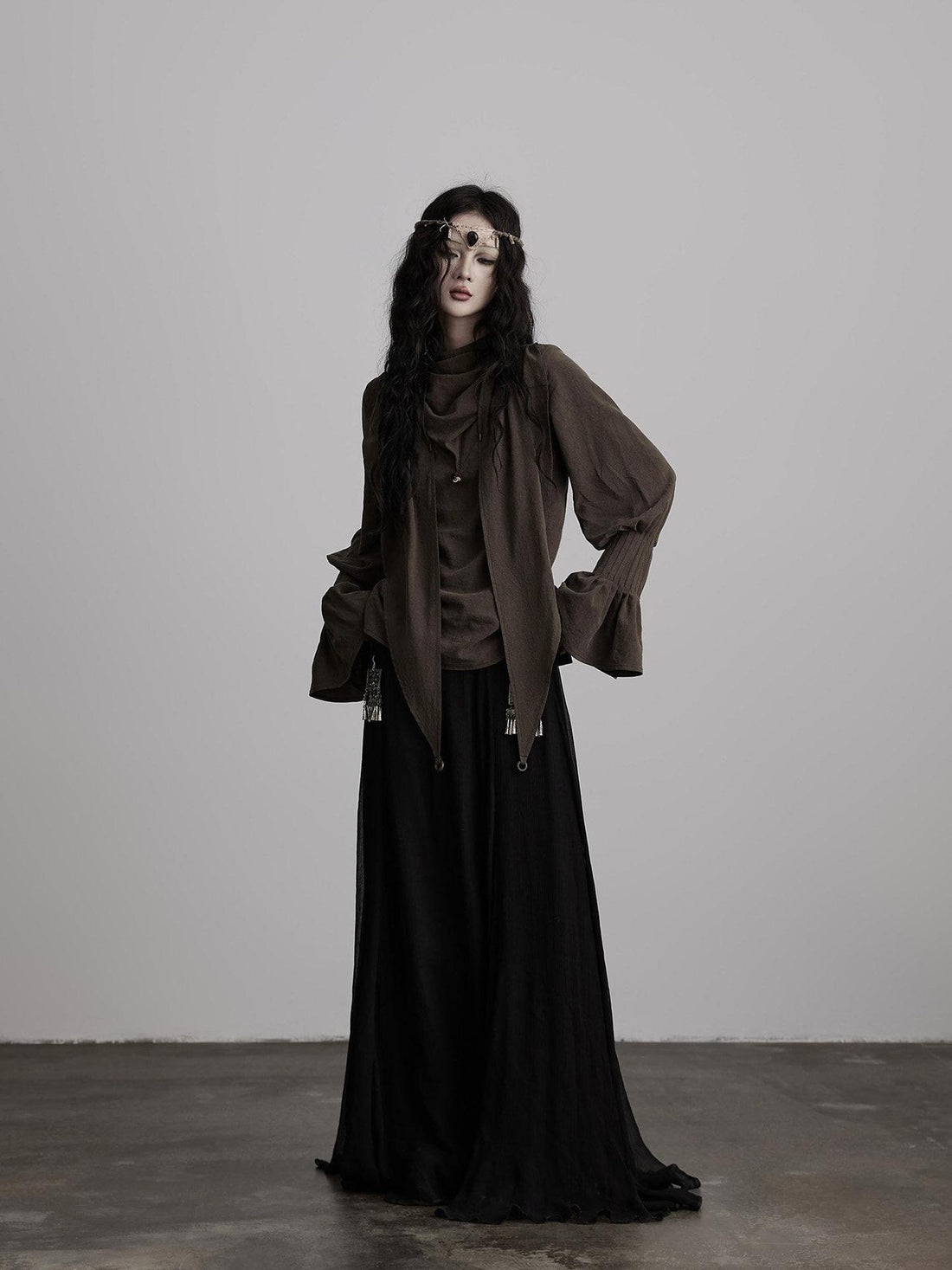 INDULGE Non Iron Lyocell Casual Loose Layered Pullover Solid Brown Puff-Sleeve Blouses