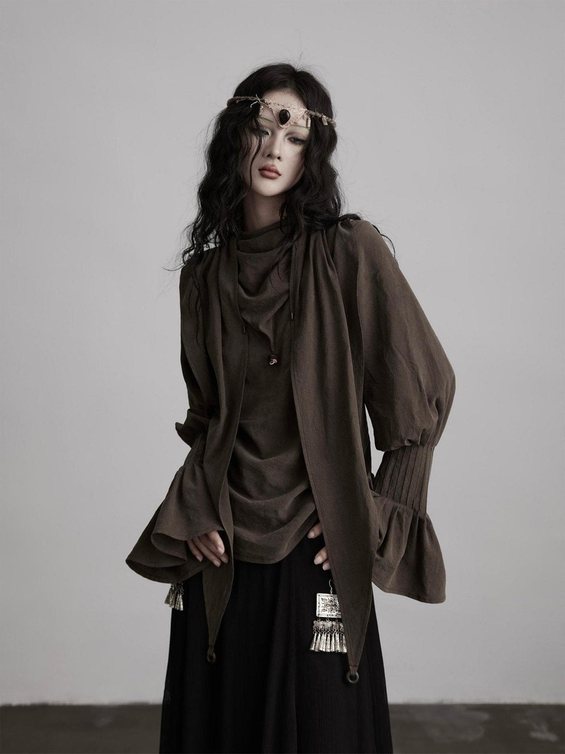 INDULGE Non Iron Lyocell Casual Loose Layered Pullover Solid Brown Puff-Sleeve Blouses