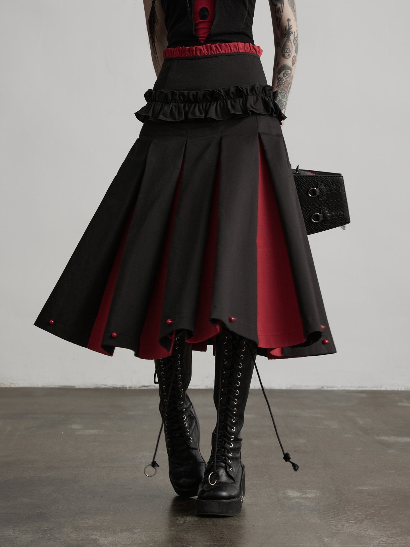 INDULGE_Non_Wrinkle_Spliced_A_Line_Mid_Waist_Casual_Women_Cotton_Lyocell_Pleated_Skirts_MISSTT