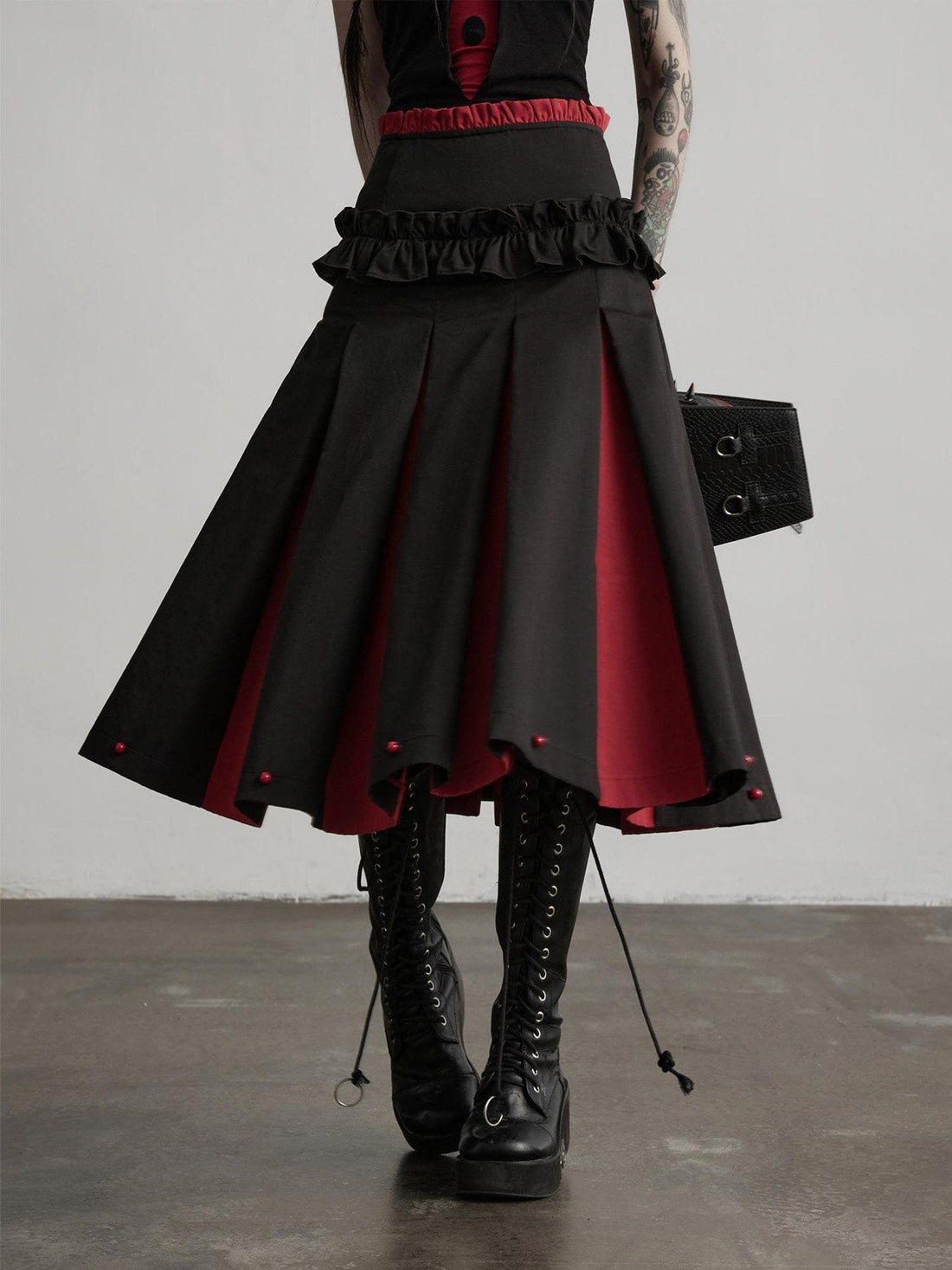 INDULGE Non Wrinkle Spliced A Line Mid Waist Casual Women Cotton Lyocell Pleated Skirts