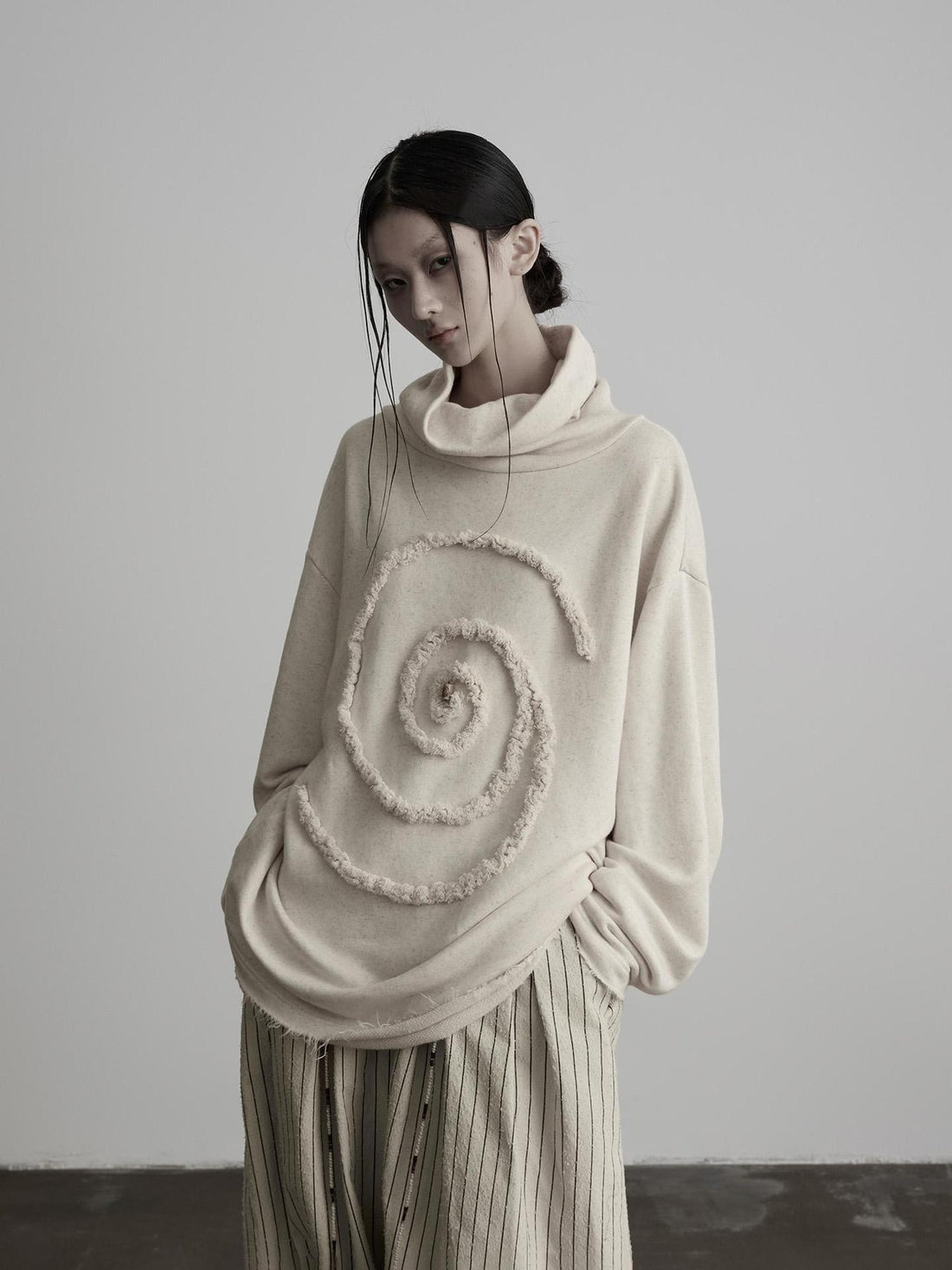 INDULGE Off White High Neck Embroidered Patchwork Loose Fit Women&