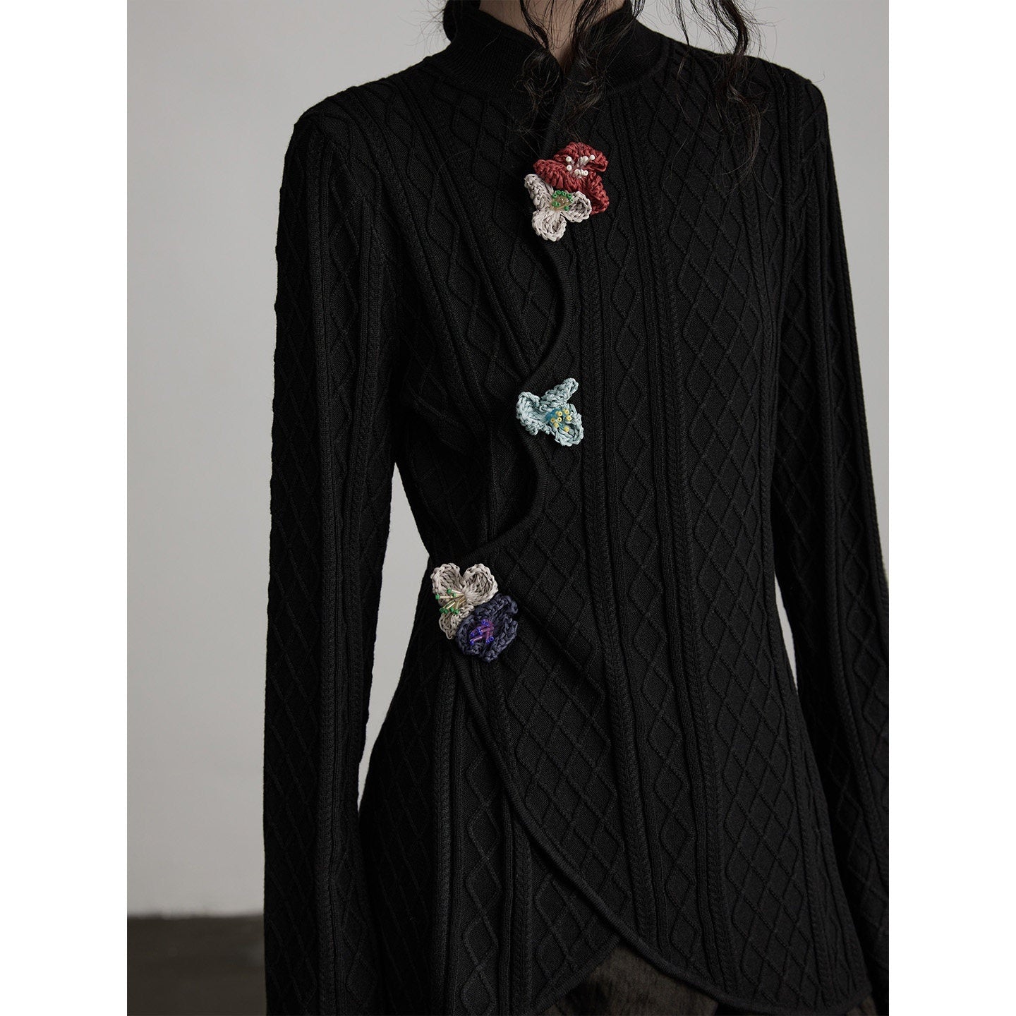 INDULGE_Office_Ready_Slim_Fit_3D_Embellished_Stand_Collar_Knit_For_Women_Black_Cardigans_MISSTT
