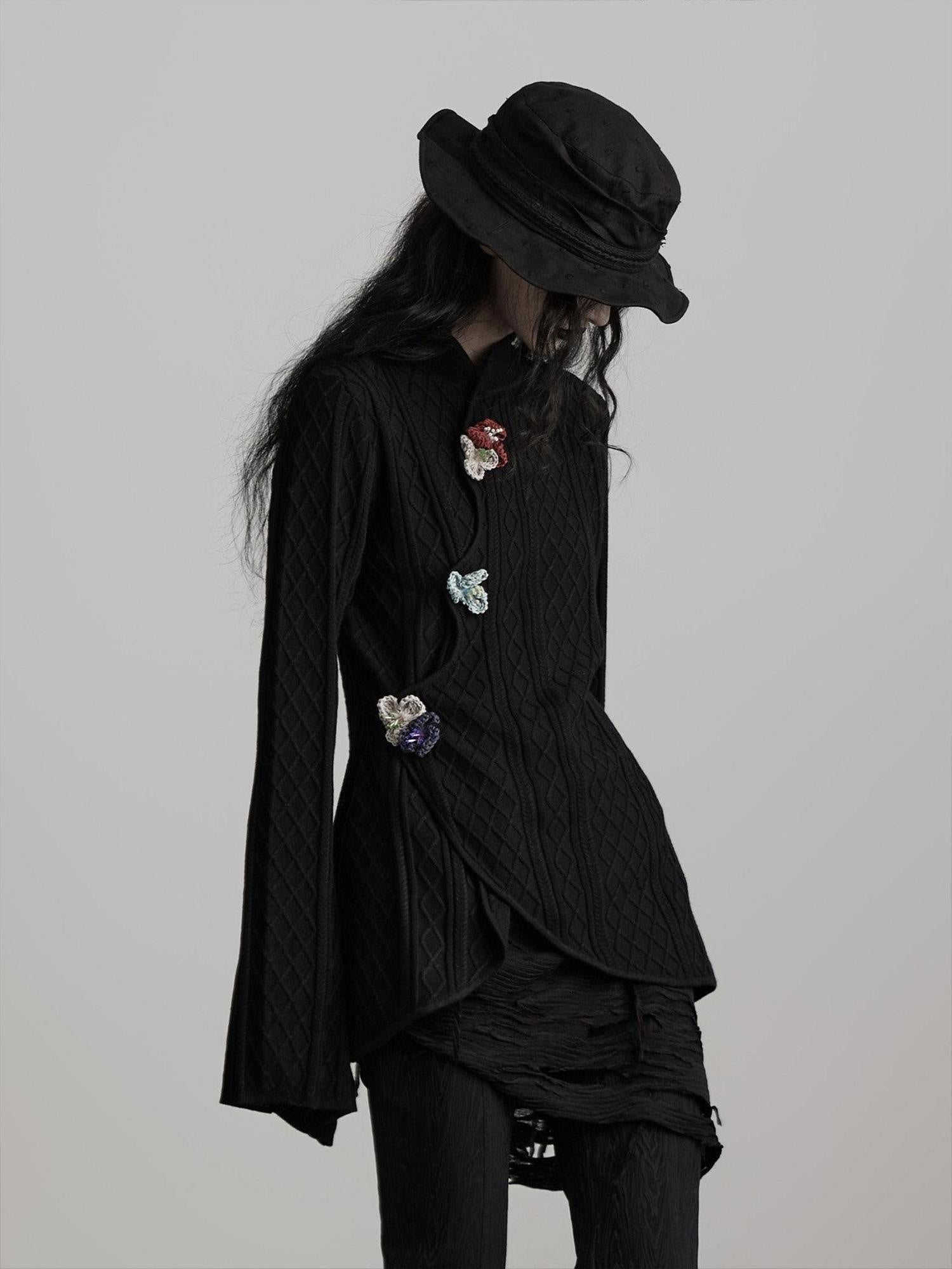 INDULGE Office Ready Slim Fit 3D Embellished Stand Collar Knit For Women Black Cardigans