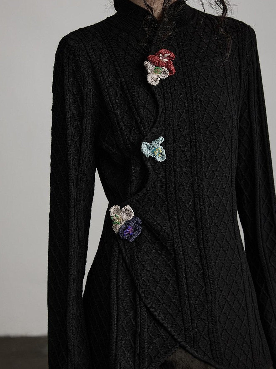 INDULGE Office Ready Slim Fit 3D Embellished Stand Collar Knit For Women Black Cardigans