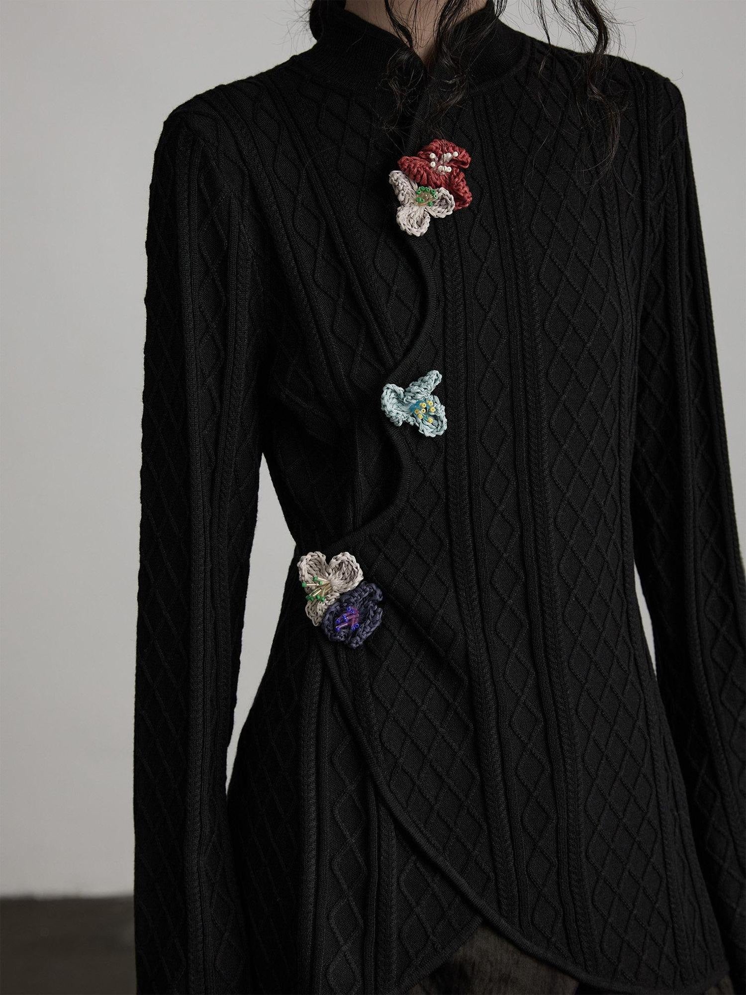INDULGE Office Ready Slim Fit 3D Embellished Stand Collar Knit For Women Black Cardigans