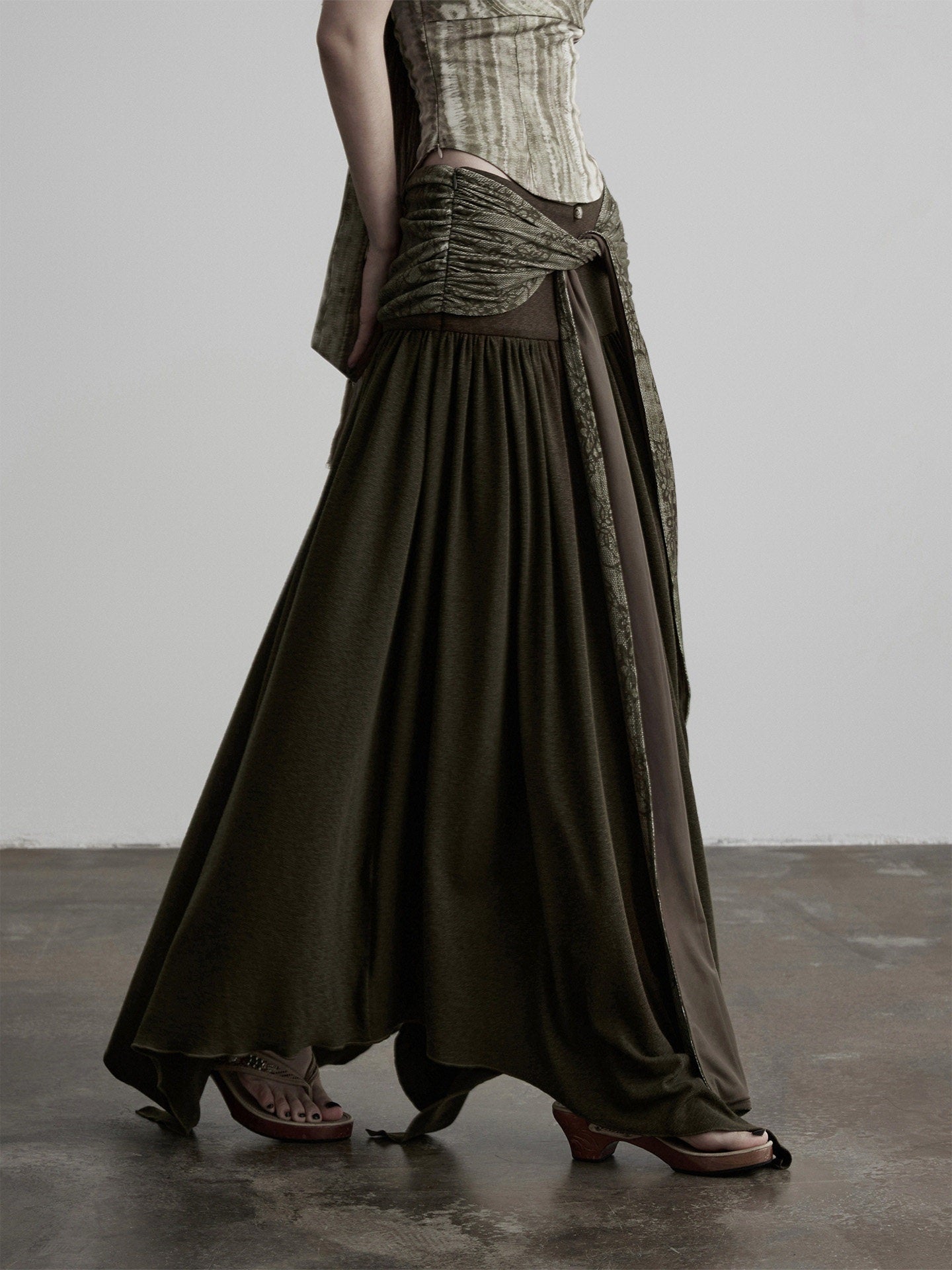 INDULGE_Olive_Flocked_Tie_Low_Waist_Asymmetrical_Patchwork_Knit_Women&
