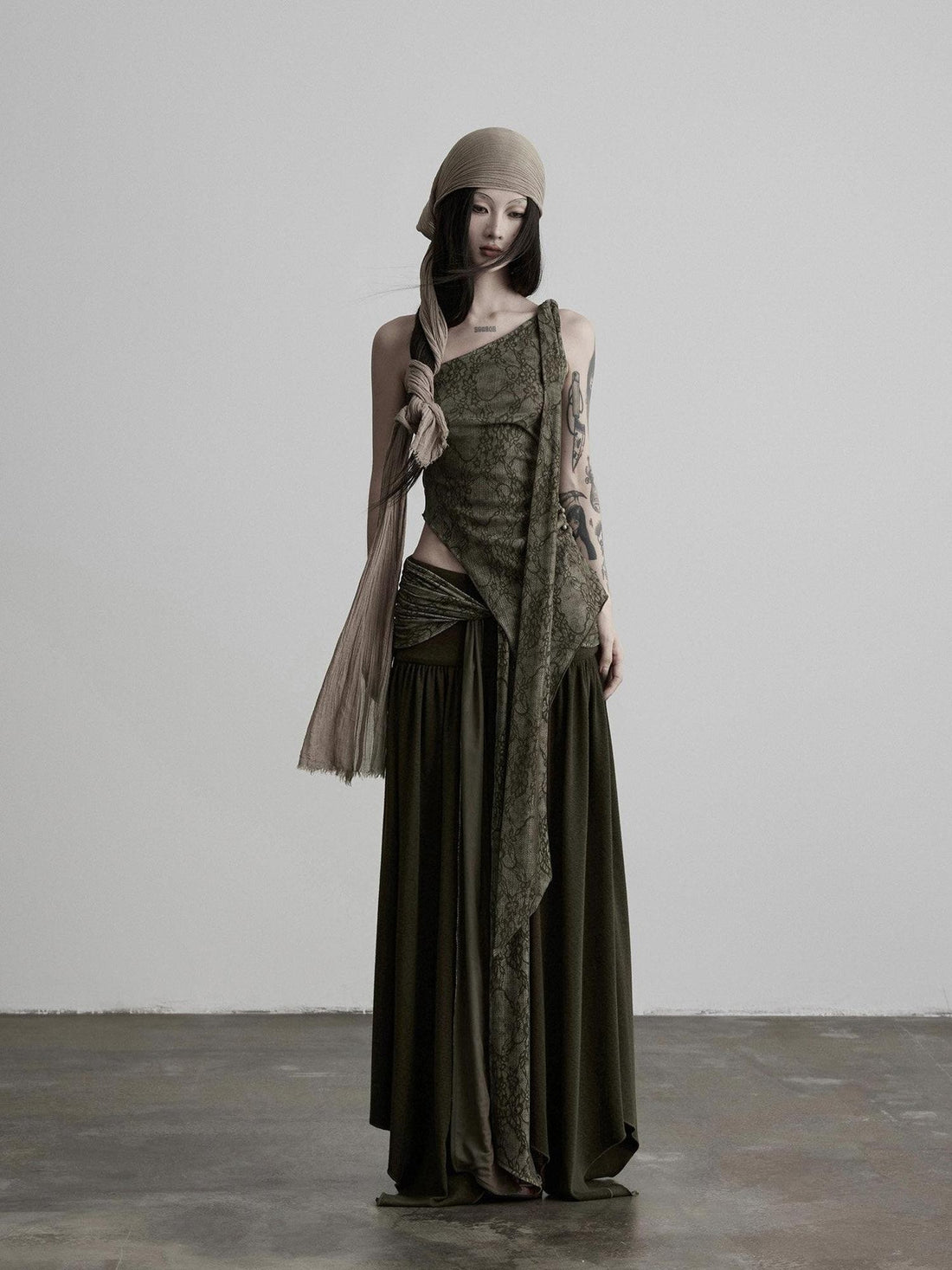 INDULGE Olive Flocked Tie Low Waist Asymmetrical Patchwork Knit Women&