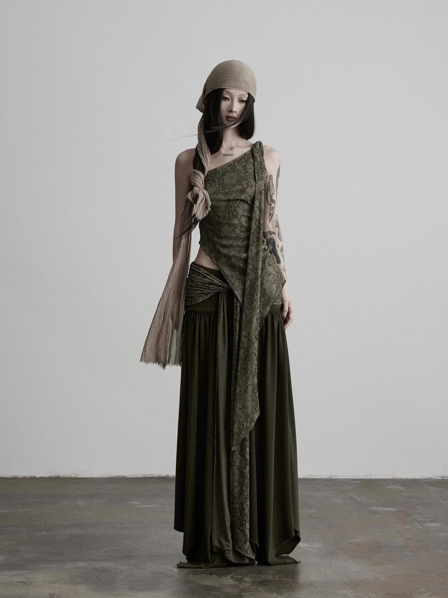 INDULGE Olive Flocked Tie Low Waist Asymmetrical Patchwork Knit Women&