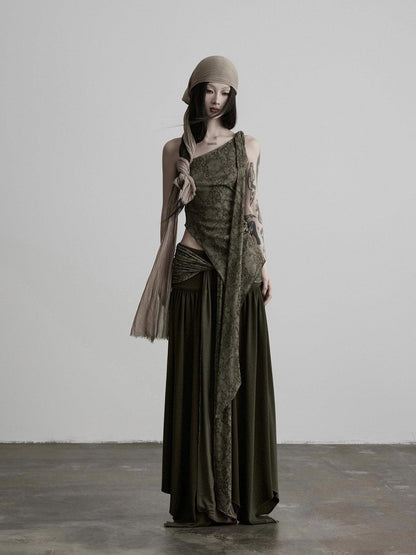 INDULGE Olive Flocked Tie Low Waist Asymmetrical Patchwork Knit Women&
