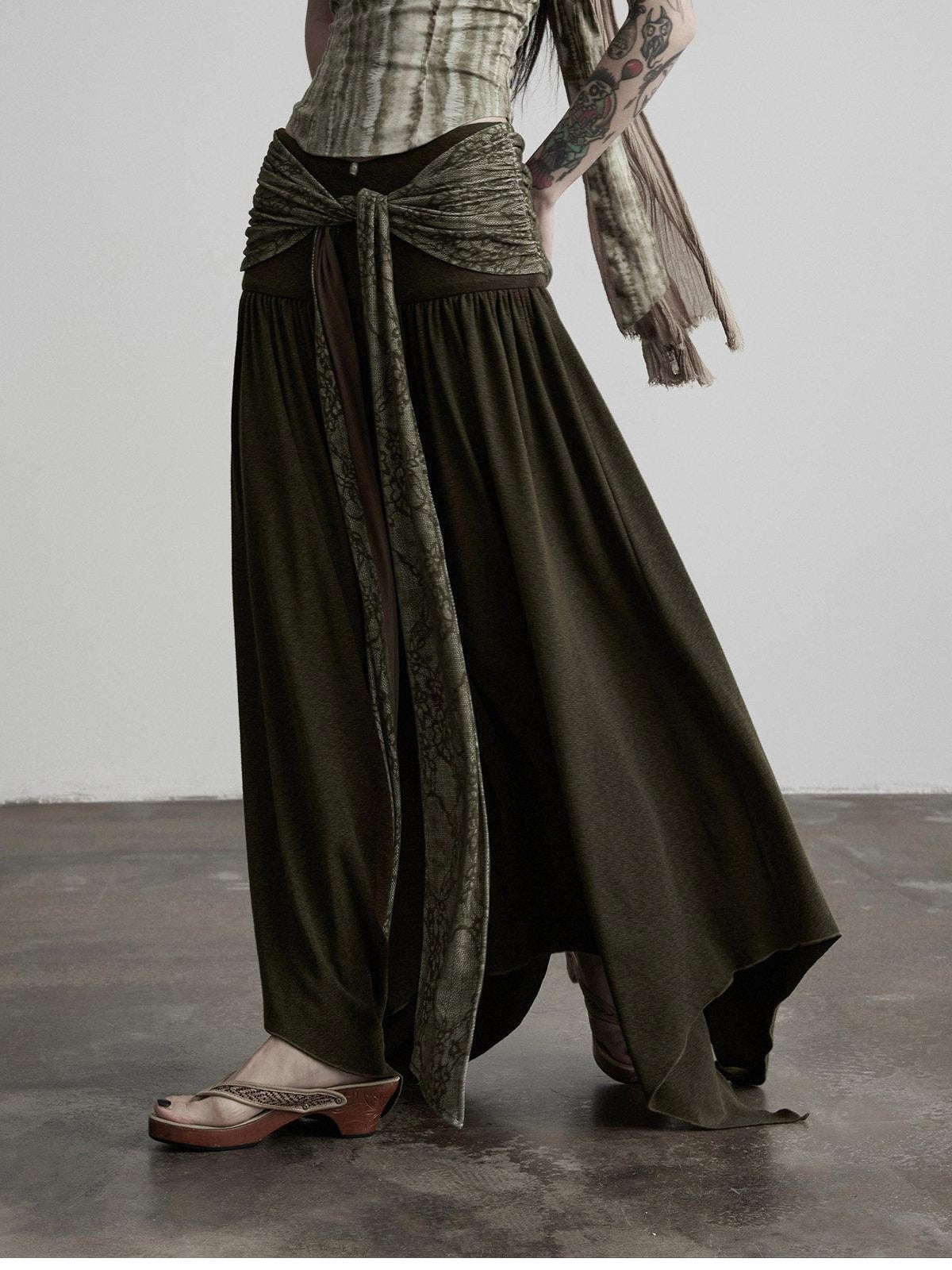INDULGE Olive Flocked Tie Low Waist Asymmetrical Patchwork Knit Women&