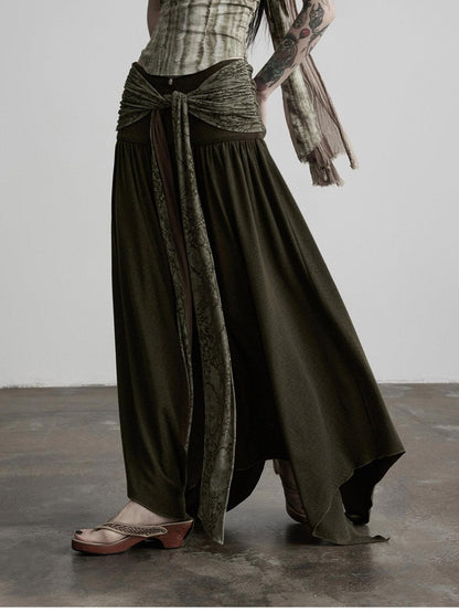 INDULGE Olive Flocked Tie Low Waist Asymmetrical Patchwork Knit Women&