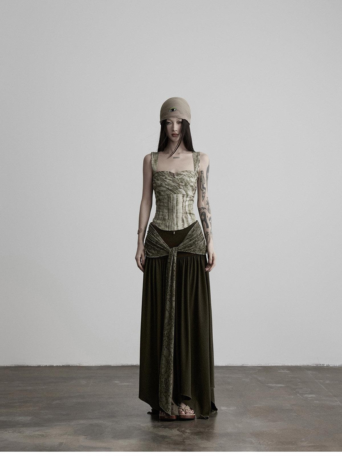 INDULGE Olive Flocked Tie Low Waist Asymmetrical Patchwork Knit Women&
