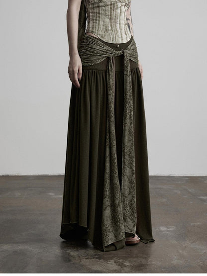 INDULGE Olive Flocked Tie Low Waist Asymmetrical Patchwork Knit Women&