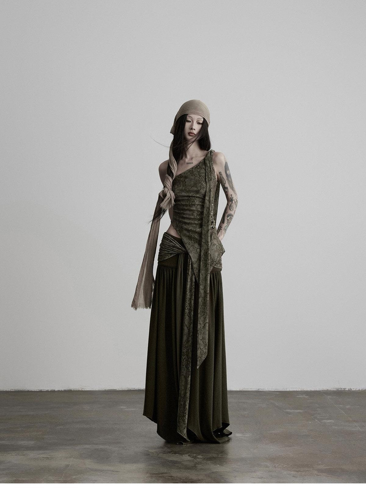 INDULGE Olive Flocked Tie Low Waist Asymmetrical Patchwork Knit Women&