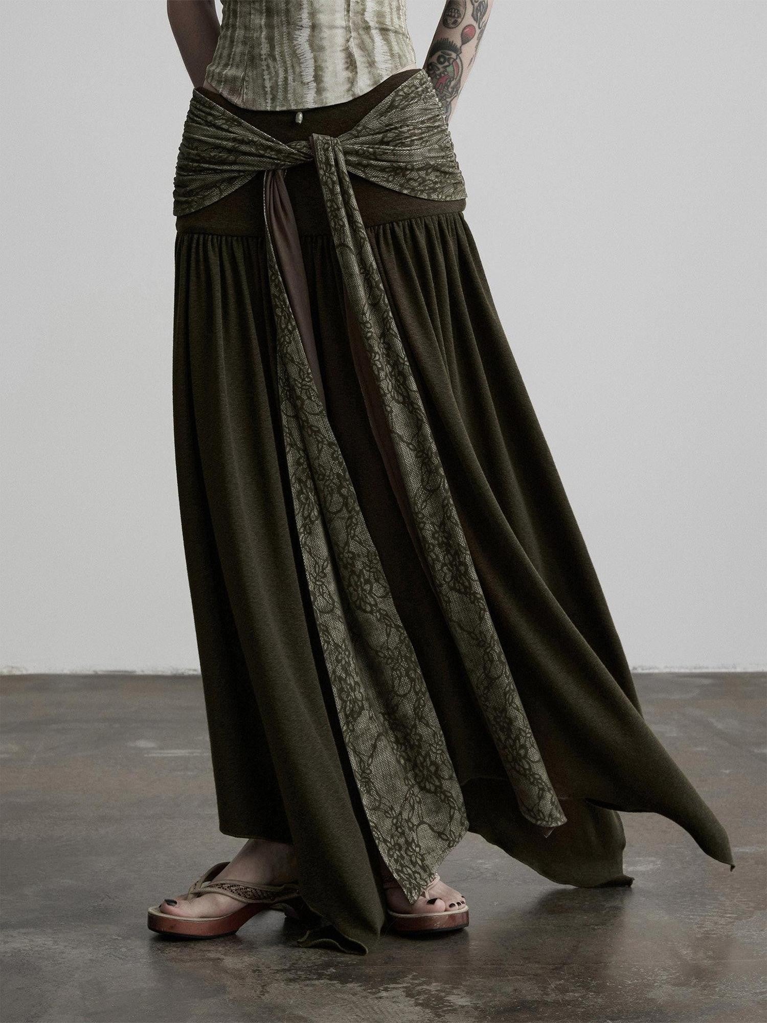 INDULGE Olive Flocked Tie Low Waist Asymmetrical Patchwork Knit Women&