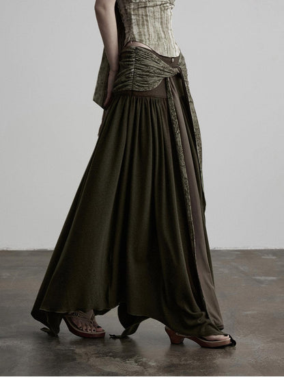 INDULGE Olive Flocked Tie Low Waist Asymmetrical Patchwork Knit Women&
