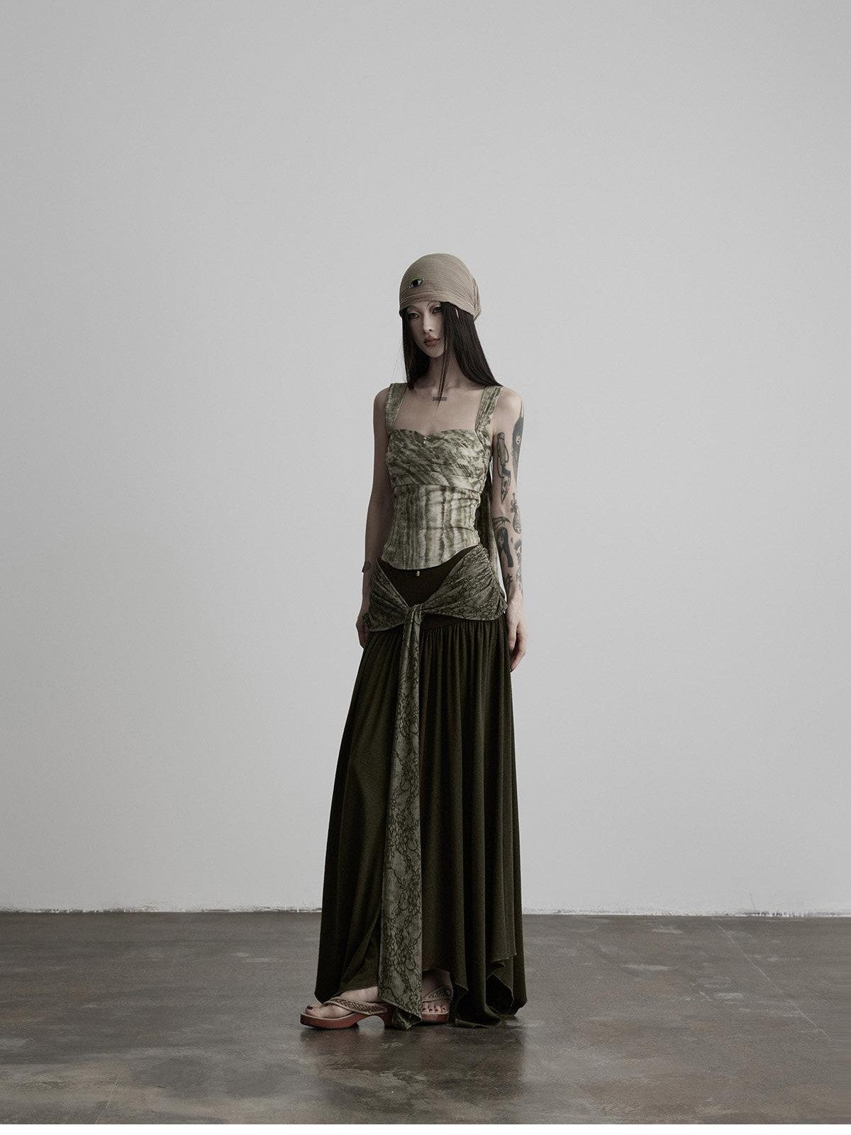 INDULGE Olive Flocked Tie Low Waist Asymmetrical Patchwork Knit Women&