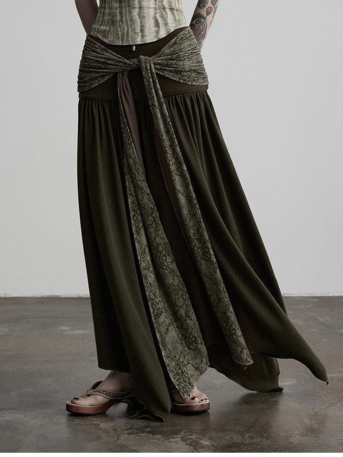 INDULGE Olive Flocked Tie Low Waist Asymmetrical Patchwork Knit Women&