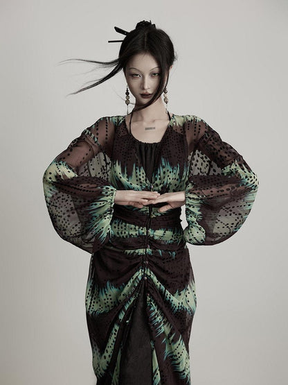 INDULGE Original 3D Embellished Loose Cardigan Long Sleeve For Women Green Sheer Shirts