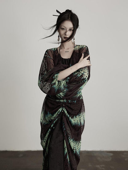 INDULGE Original 3D Embellished Loose Cardigan Long Sleeve For Women Green Sheer Shirts