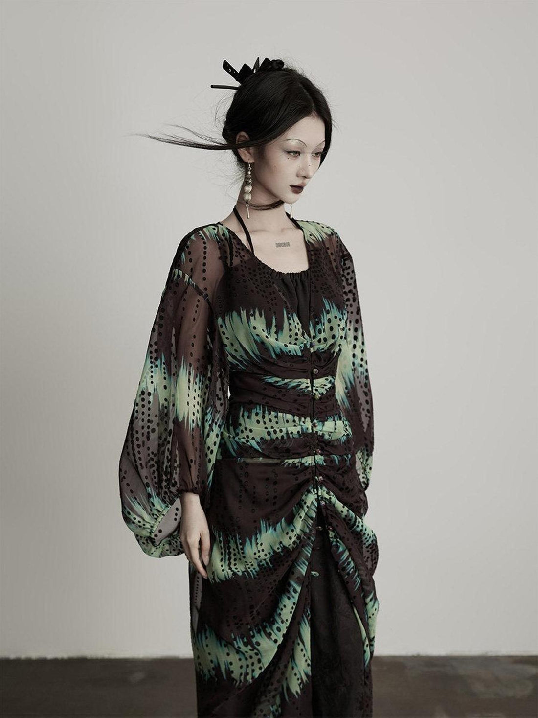 INDULGE Original 3D Embellished Loose Cardigan Long Sleeve For Women Green Sheer Shirts
