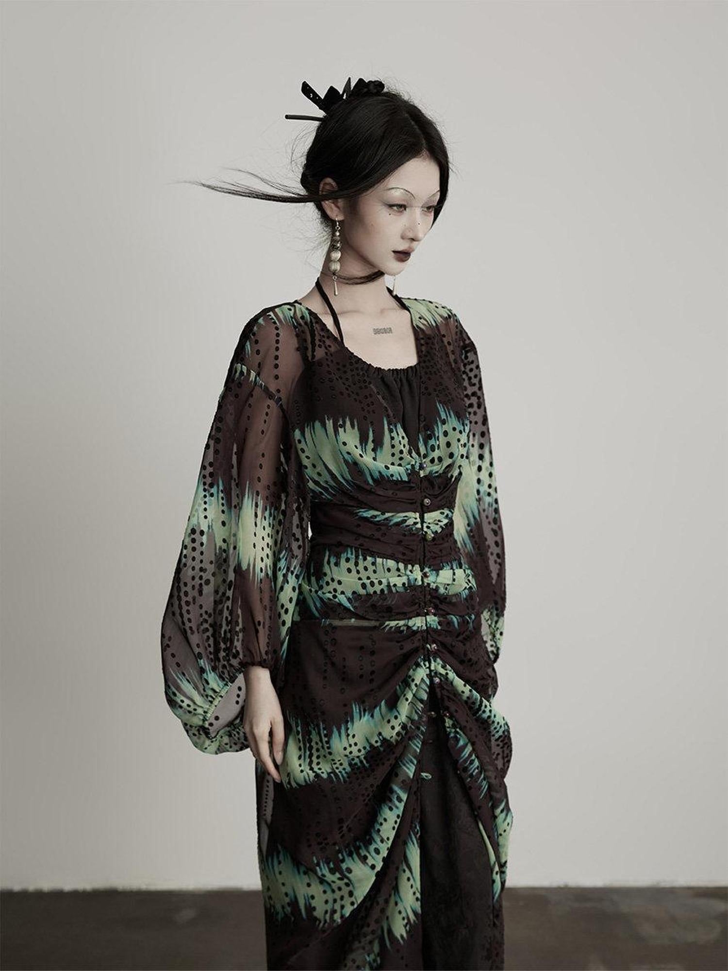 INDULGE Original 3D Embellished Loose Cardigan Long Sleeve For Women Green Sheer Shirts
