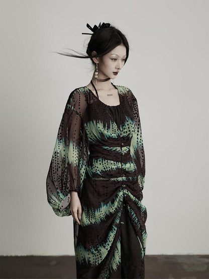 INDULGE Original 3D Embellished Loose Cardigan Long Sleeve For Women Green Sheer Shirts