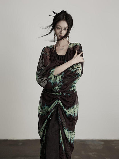 INDULGE Original 3D Embellished Loose Cardigan Long Sleeve For Women Green Sheer Shirts