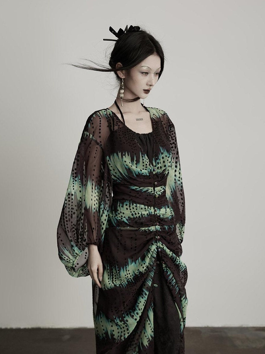 INDULGE Original 3D Embellished Loose Cardigan Long Sleeve For Women Green Sheer Shirts