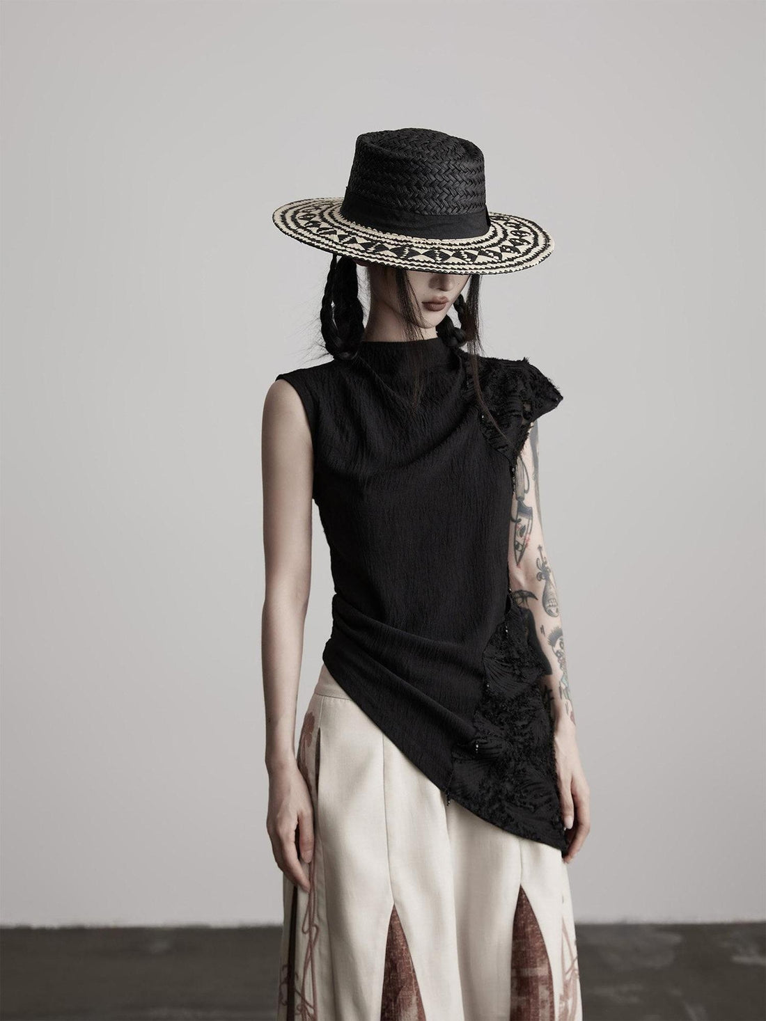 INDULGE Original Asymmetrical Slim Waist Half High Collar Casual Black Women Tank Tops