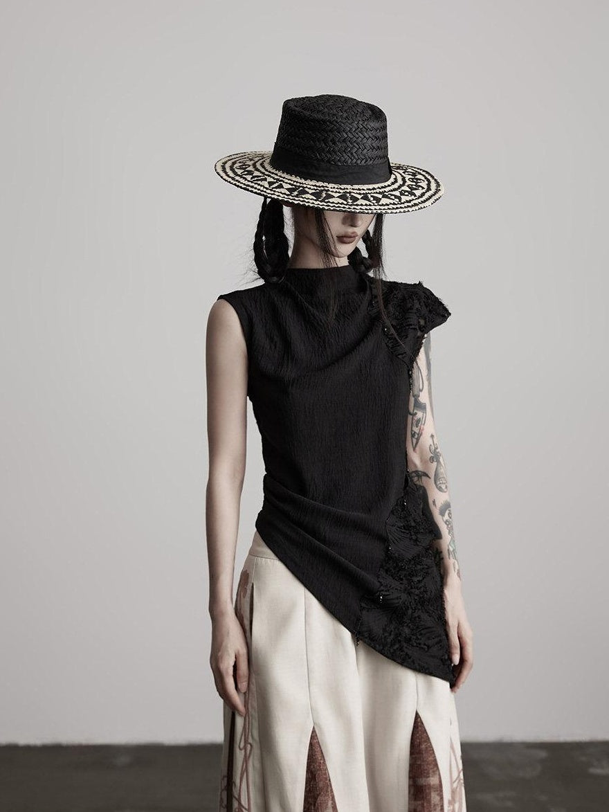 INDULGE Original Asymmetrical Slim Waist Half High Collar Casual Black Women Tank Tops