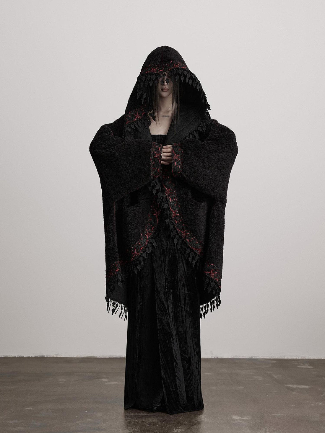 INDULGE Original Design Hooded Long Thick Piped Trim Side Pockets Black Women Cape Coats