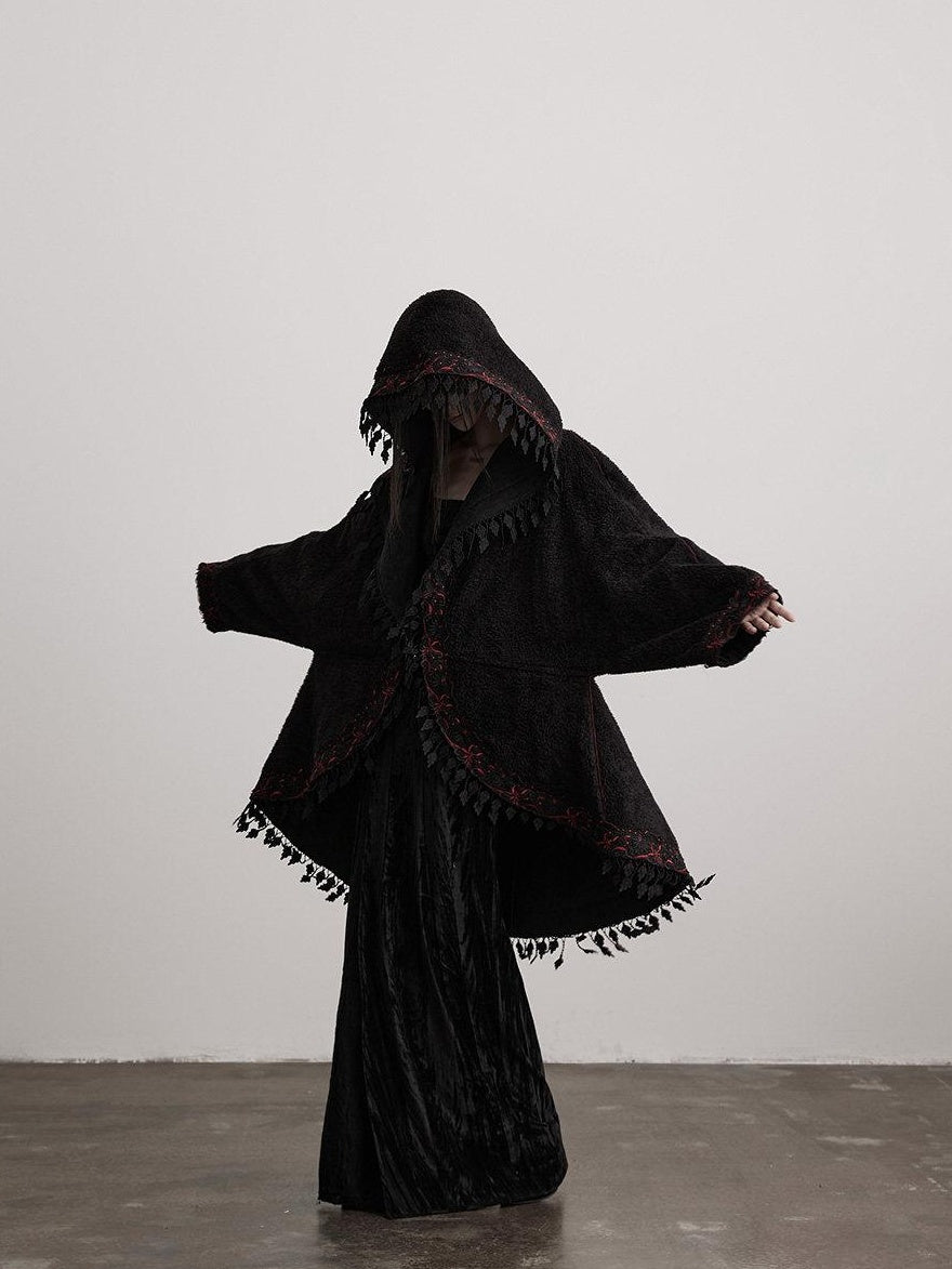 INDULGE Original Design Hooded Long Thick Piped Trim Side Pockets Black Women Cape Coats