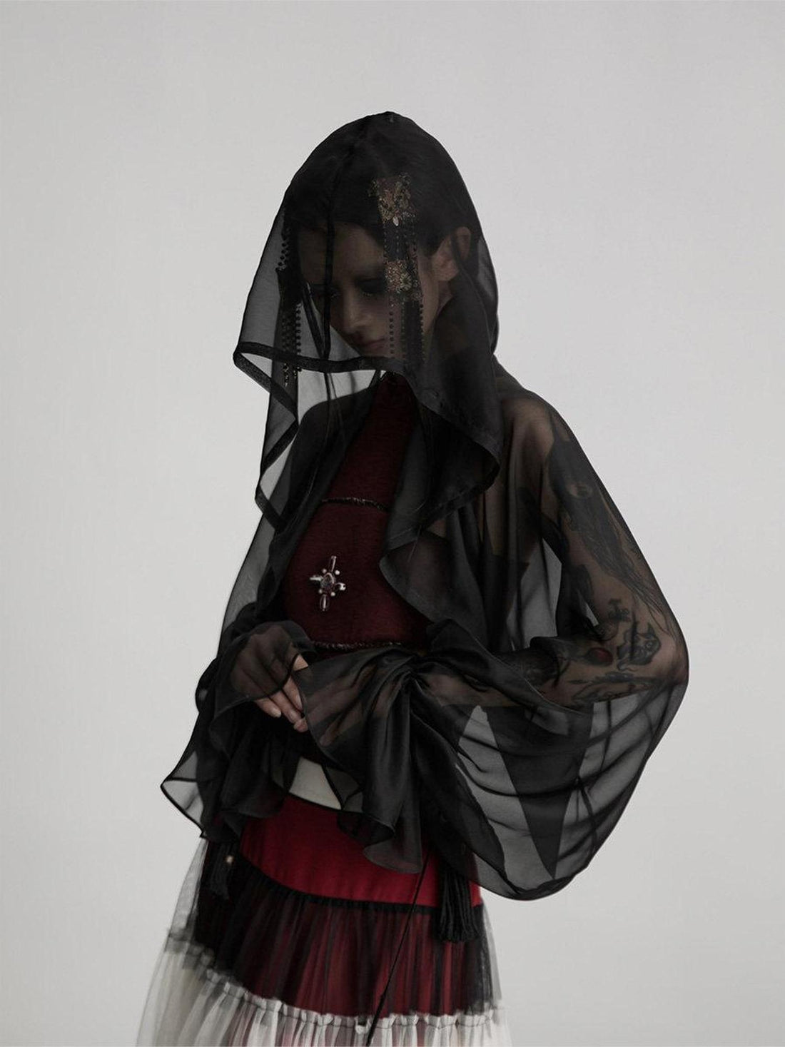 INDULGE Original Design Silk Loose Fit 3D Hooded Cardigan Women Black Sheer Shirts