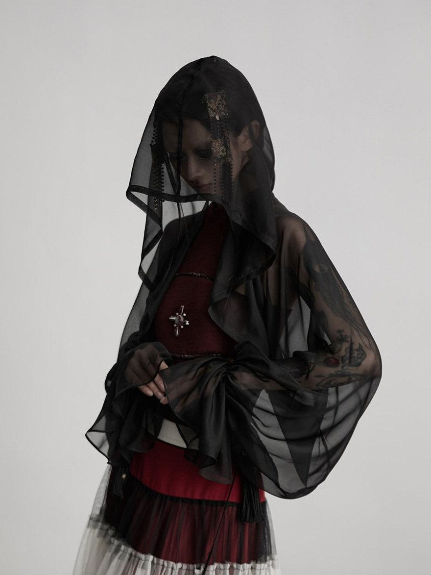 INDULGE Original Design Silk Loose Fit 3D Hooded Cardigan Women Black Sheer Shirts