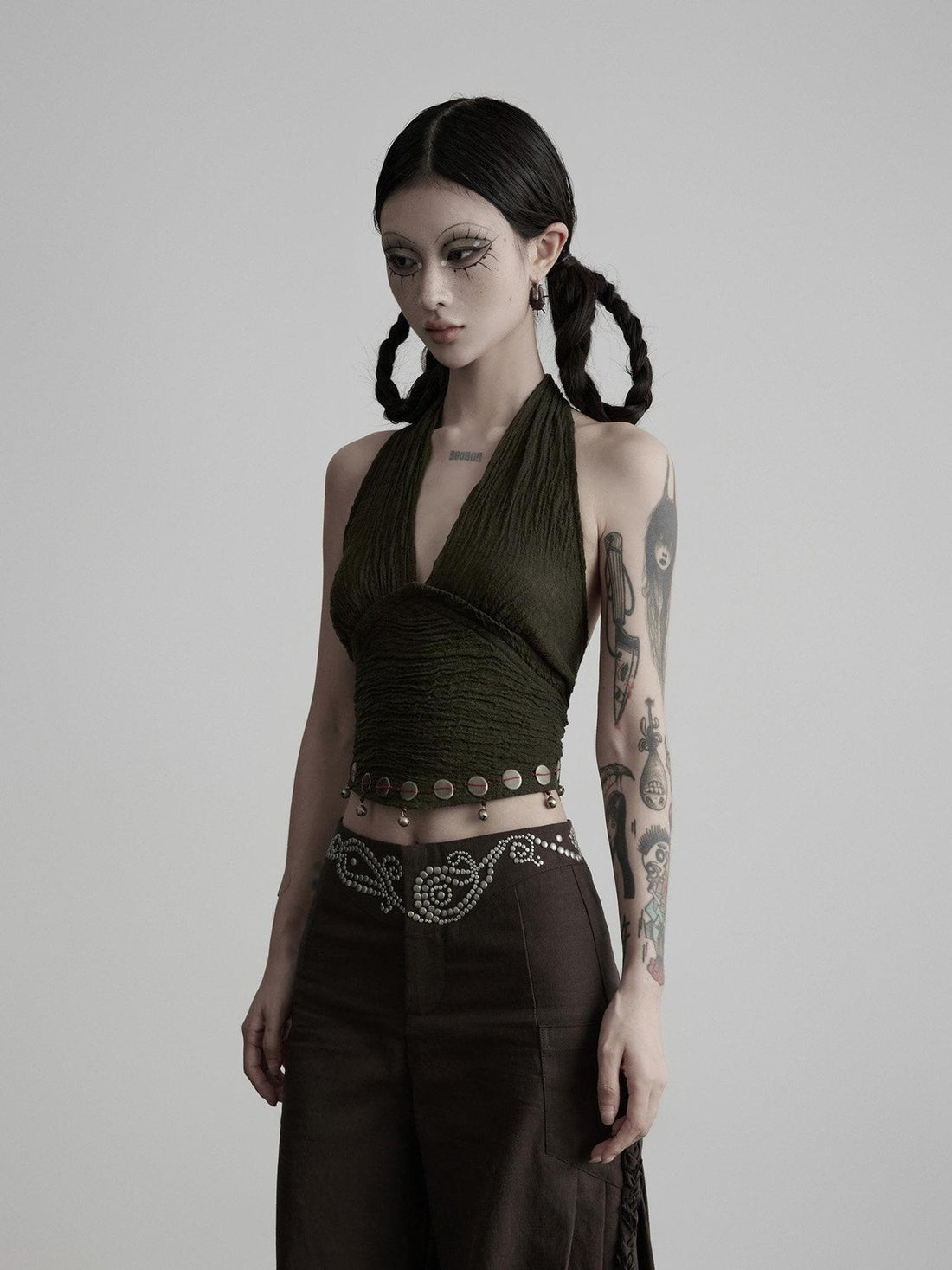 INDULGE Original Linen Sequin V-neck Halter Tie Crop Casual Women Green Tank Tops