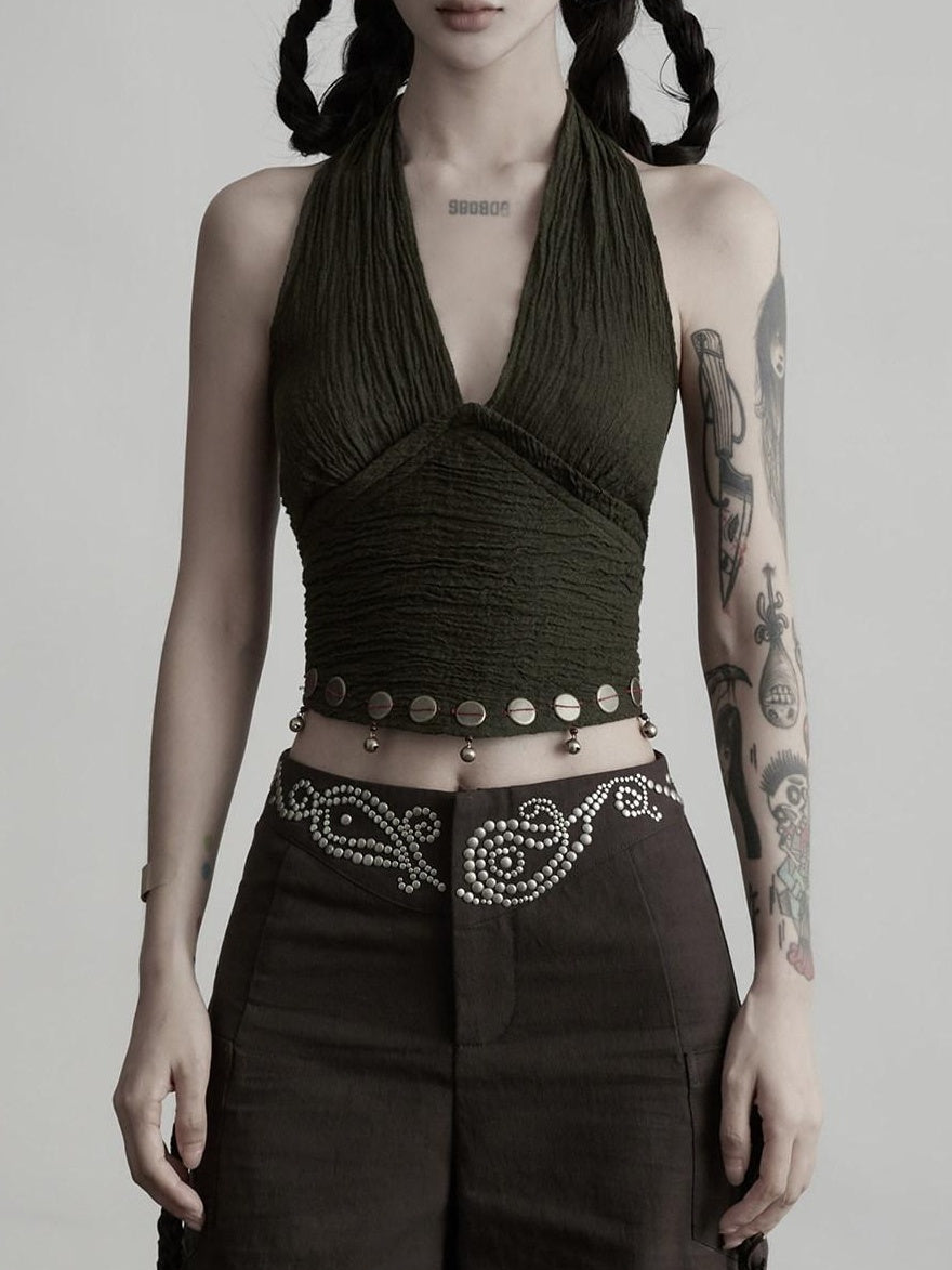 INDULGE Original Linen Sequin V-neck Halter Tie Crop Casual Women Green Tank Tops