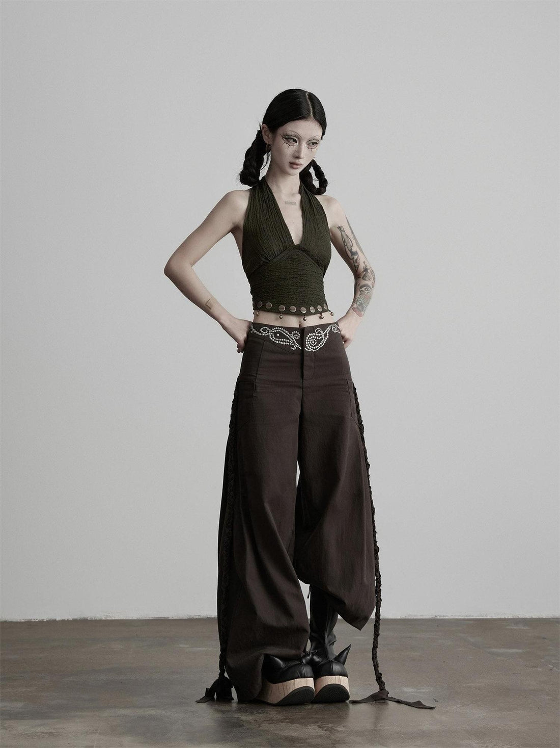 INDULGE Original Linen Sequin V-neck Halter Tie Crop Casual Women Green Tank Tops