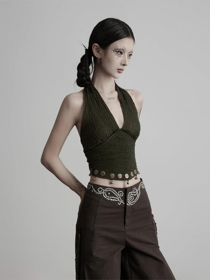 INDULGE Original Linen Sequin V-neck Halter Tie Crop Casual Women Green Tank Tops