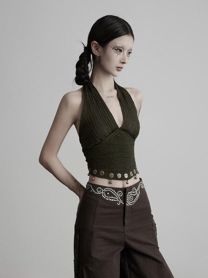 INDULGE Original Linen Sequin V-neck Halter Tie Crop Casual Women Green Tank Tops