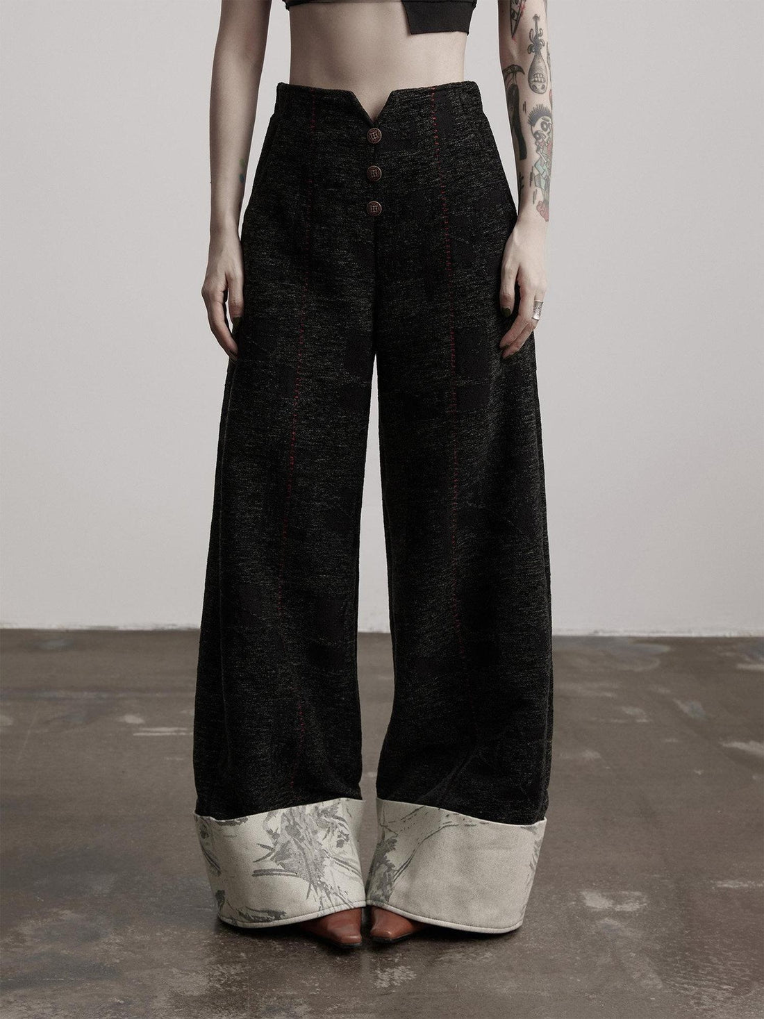 INDULGE Original Patchwork Pockets Natural Waist Button Fly Warm Black Wide-Leg Pants