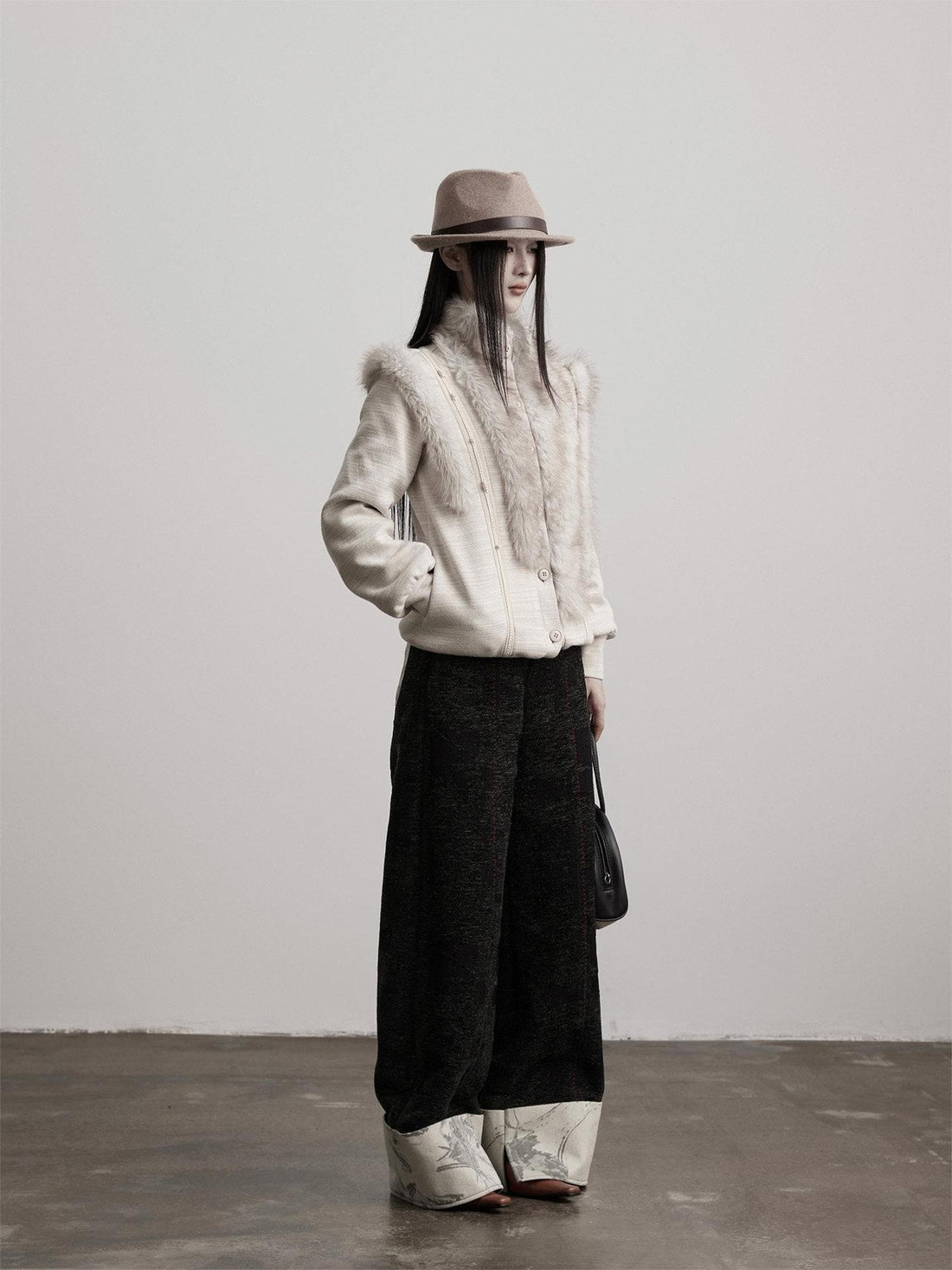 INDULGE Original Patchwork Pockets Natural Waist Button Fly Warm Black Wide-Leg Pants