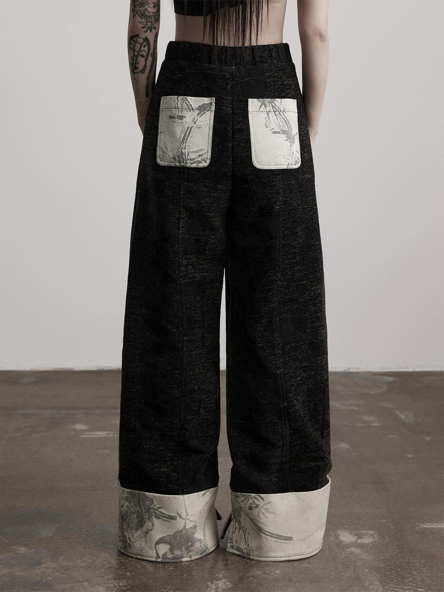 INDULGE Original Patchwork Pockets Natural Waist Button Fly Warm Black Wide-Leg Pants