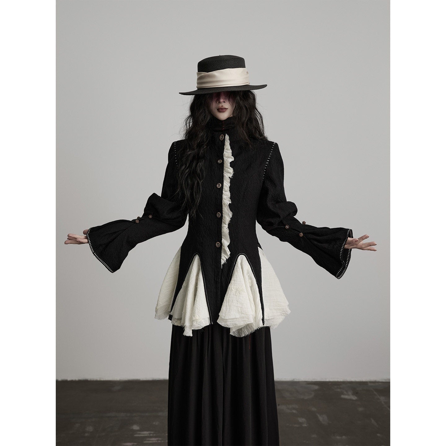 INDULGE Padded Wool Blend Elegant Button Round Neck Black Long Sleeve Cropped Jackets