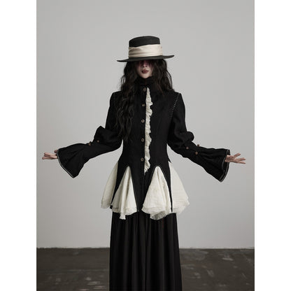 INDULGE Padded Wool Blend Elegant Button Round Neck Black Long Sleeve Cropped Jackets