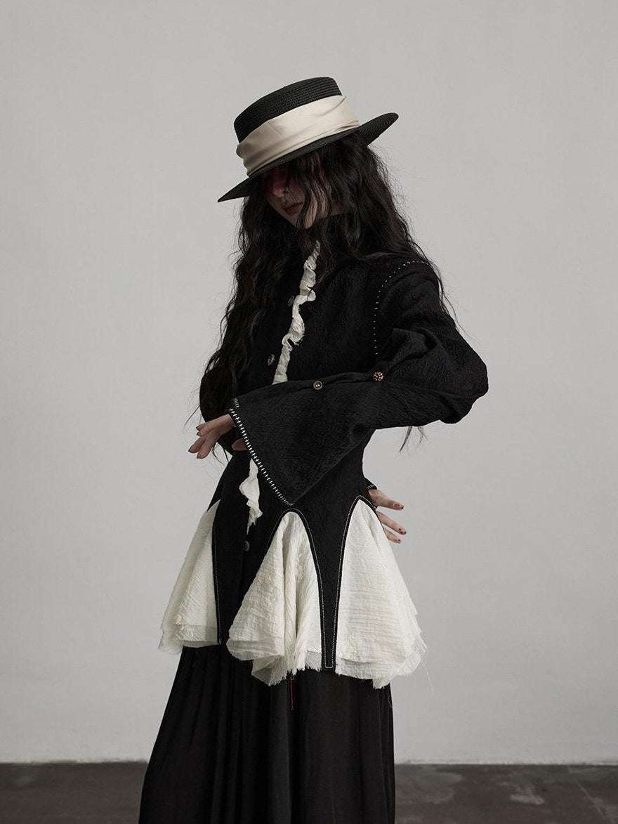 INDULGE Padded Wool Blend Elegant Button Round Neck Black Long Sleeve Cropped Jackets