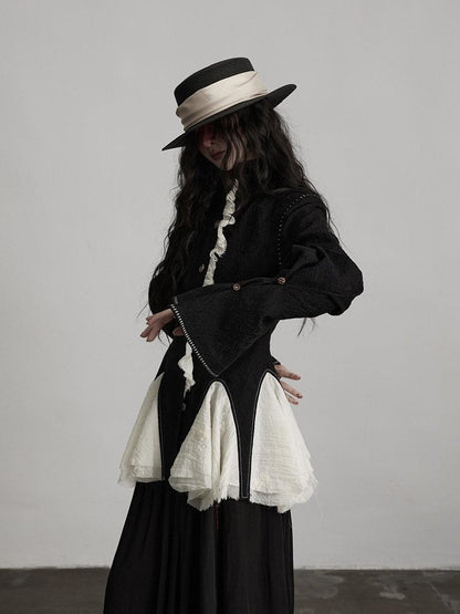 INDULGE Padded Wool Blend Elegant Button Round Neck Black Long Sleeve Cropped Jackets