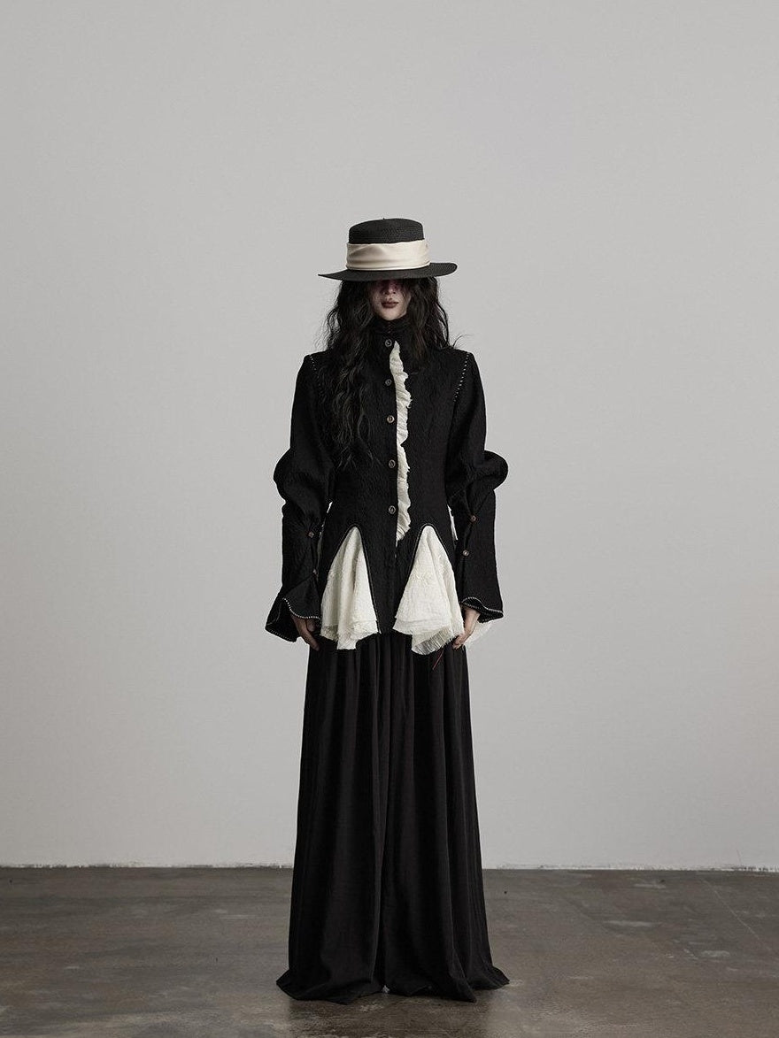 INDULGE Padded Wool Blend Elegant Button Round Neck Black Long Sleeve Cropped Jackets